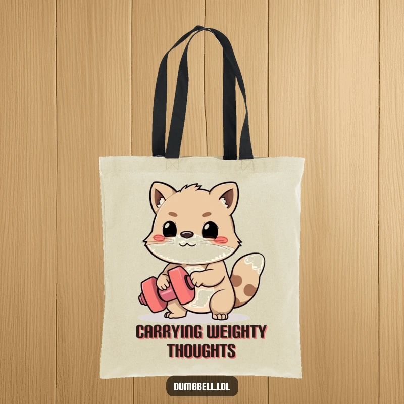 Funny Tote Bag: Determined animal struggling to lift a tiny dumbbell, showcasing workout effort, ready for errands.