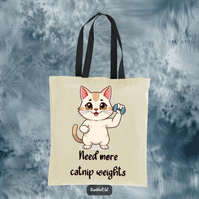 Funny tote bag with an energetic cat flexing a tiny dumbbell, showcasing feline strength and humorous fitness dedication.